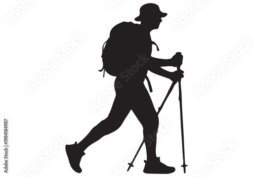 Black silhouette of a single hiker wearing a hat and carrying a backpack with trekking poles