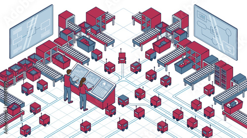Two professional warehouse operators monitor a sophisticated network of automated guided vehicles across a high-tech facility grid in a red and blue color scheme.