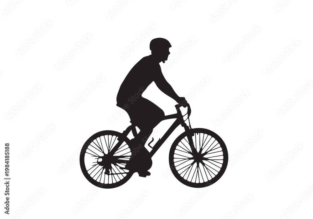 Fototapeta premium Black silhouette of a man riding a mountain bike on white background