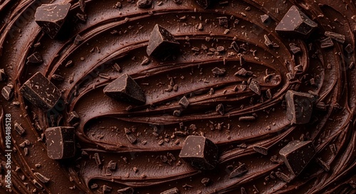 Rich dark chocolate frosting swirls with chunks and shavings close up macro texture background