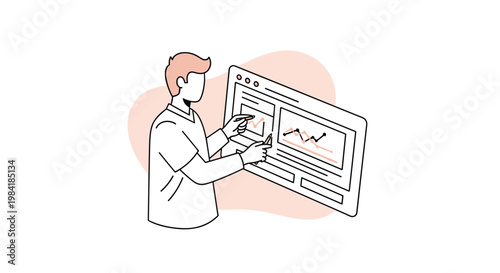 A dedicated data analyst meticulously examines various fluctuating line graphs and statistical metrics on a large floating digital dashboard in a pink space.