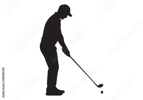 Silhouette of a golfer in motion, about to strike a golf ball with a club on a white background.