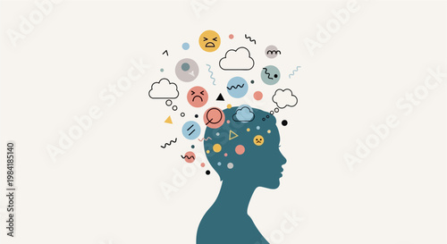 Conceptual illustration of the human mind with diverse emotions and thoughts represented by icons, symbolizing mental health, stress, emotional intelligence, and psychological states