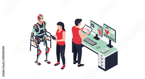 Two dedicated robotics engineers meticulously calibrate a humanoid robot within a walking frame using handheld tablets and dual computer monitors in a lab.