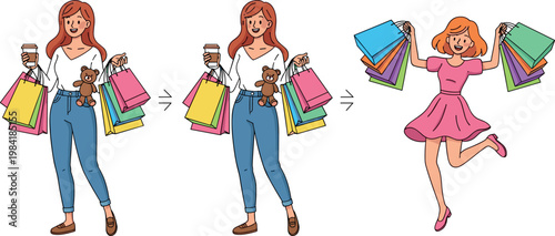 Cheerful Shopping Woman Vector Set with Colorful Bags, Teddy Bear, Coffee Cup, and Playful Fashion Illustrations for Retail, Shopping, and Lifestyle Designs
