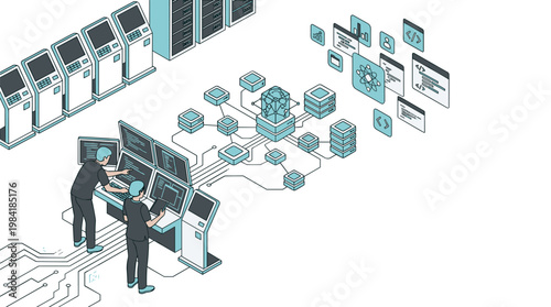 Two skilled technical operators wearing dark scrubs meticulously manage a complex network of servers and digital data nodes from a central control station.