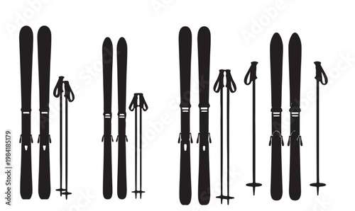 Collection of black silhouette ski and ski pole icons on white background
