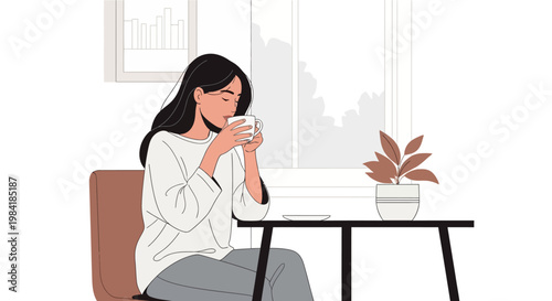A serene illustration of a woman relaxing with a warm drink, taking a mindful break in a cozy home setting, perfect for unwinding
