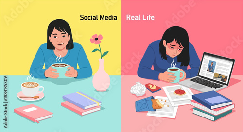 The stark contrast between a curated, happy online social media presence and the stressful, messy reality of everyday life and its hidden struggles