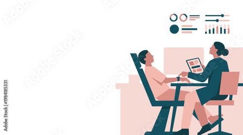 A professional medical consultant in dark attire uses a handheld tablet to explain complex health data and analytics to a seated patient in a clinic.