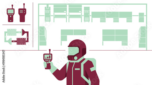 A specialized technician wearing a maroon protective hazmat suit and helmet monitors industrial equipment using a handheld digital sensor in a facility.