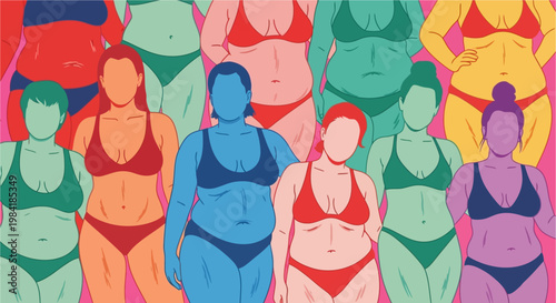 Diverse group of women in bikinis, celebrating body positivity and diverse female forms