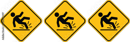 Three yellow diamond-shaped warning signs indicating a slippery surface with a falling person icon.