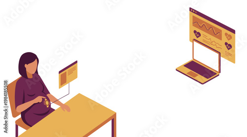 A focused pregnant woman sits at a wooden desk using a smart wearable device on her abdomen to transmit vital health data to a nearby portable laptop.