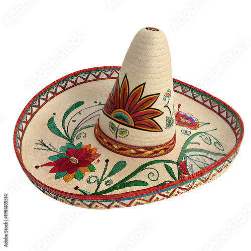 Vibrant Traditional Mexican Sombrero with Colorful Floral Designs and Intricate Patterns on Cream Background on white background