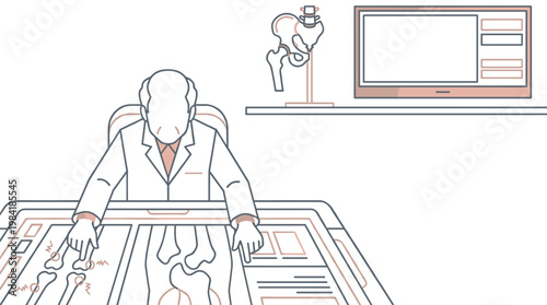 A professional medical doctor meticulously examines detailed skeletal joint scans on a large horizontal digital diagnostic interface within a sterile clinical office.