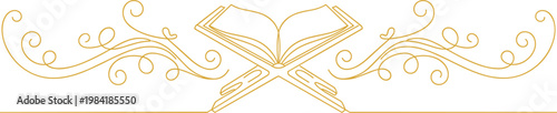 Elegant gold continuous line art vector of an open book on a traditional stand with decorative floral swirls for religious and educational cultural celebration designs isolated on white background.
