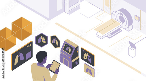 A specialized healthcare professional utilizes a modern tablet to review floating lung scan icons near a large isometric medical imaging scanner in a lab.