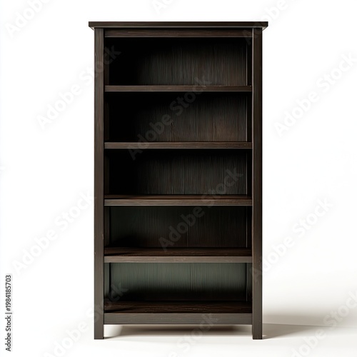 A dark brown, empty bookshelf stands prominently against a clean white background.