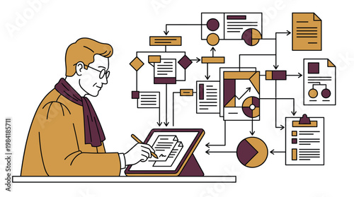 A focused professional man meticulously designs a complex organizational flowchart using a digital stylus on a modern tablet within a minimalist workspace setting.