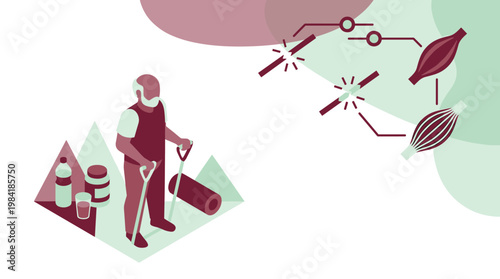 An active elderly man utilizes walking aids and nutritional supplements while surrounded by detailed anatomical diagrams of muscle fibers and digital health connectivity symbols.