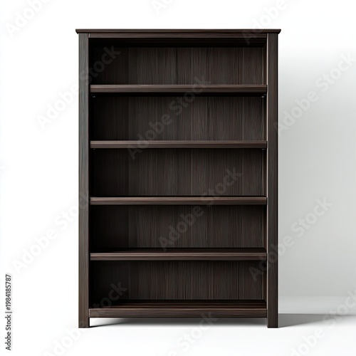A dark brown wooden bookcase stands prominently against a clean white background.