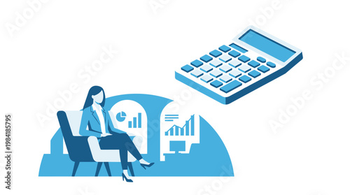 A professional businesswoman sits confidently in a modern chair while a large blue isometric calculator floats nearby against a backdrop of financial data charts.