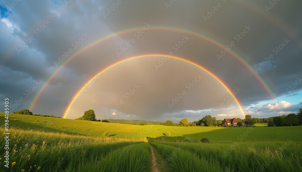 Fototapeta premium Vibrant double rainbow over green fields and cloudy sky 