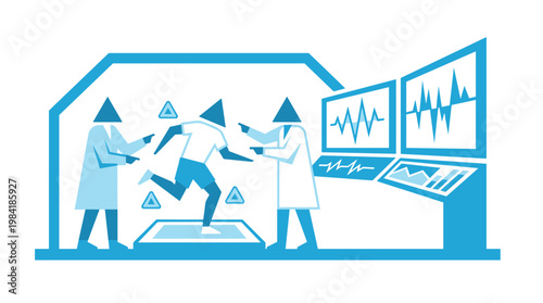 Professional scientists monitor a runner on a specialized treadmill while analyzing real-time physiological data on large digital screens in a blue monochromatic laboratory.