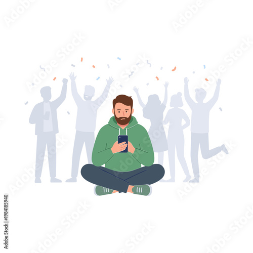 Man sitting cross-legged celebrates with confetti falling around joyful people