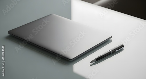Sleek Laptop and Pen on a Bright White Surface, Minimalist Workspace.