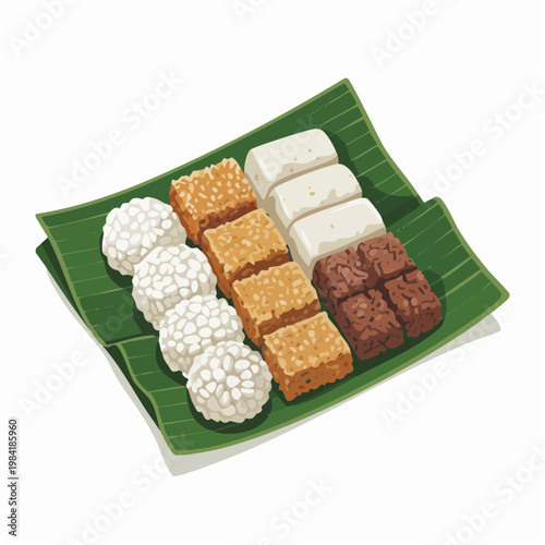 Indonesian Traditional Market Snacks on Banana Leaf, Flat Vector Illustration