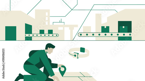 A dedicated worker in green overalls kneels on a large floor plan while placing a location pin in a busy factory environment with conveyor belts.