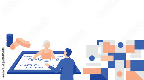 A senior woman in a peach swimsuit stands calmly in a blue pool while a professional man in a navy suit observes her progress in a bright white space.