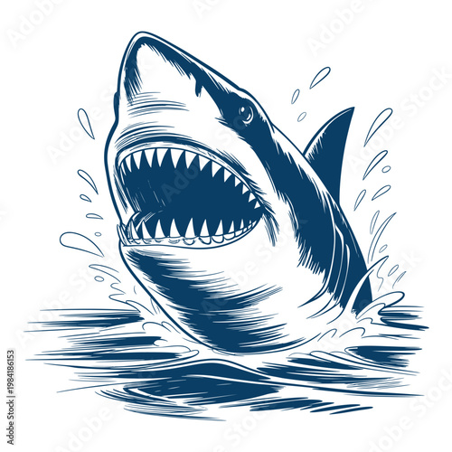 Menacing great white shark emerging from stormy ocean depths