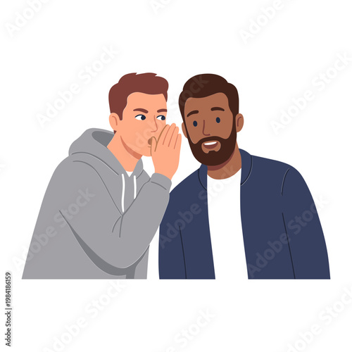 A man whispers a secret to another man in a friendly conversation.