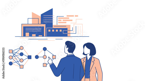 Two business professionals gaze toward a stylized blue and orange cityscape accompanied by intricate neural network diagrams and complex data flow structures.