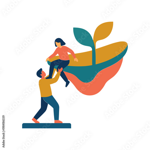A man is lifting a woman sitting in a colorful cradle with a plant.