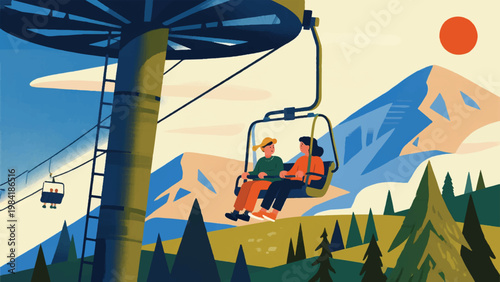 Illustration Of People On A Cable Car With Mountains And Forests Behind Them Vector Design Template