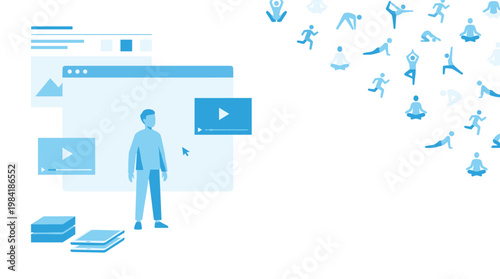 A focused male instructor stands before a digital interface featuring workout videos and a cloud of blue silhouettes performing diverse yoga exercises.