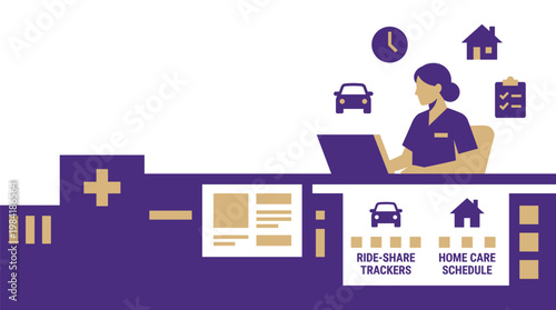A professional female healthcare coordinator manages patient logistics using a laptop while surrounded by purple icons for transportation and home care.