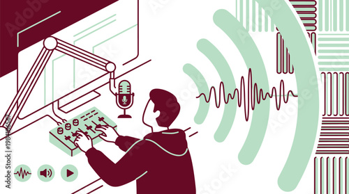 A creative audio engineer adjusts a mixing console in a recording studio while large mint green sound waves radiate across the dark red background space.