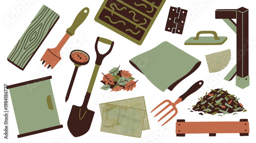 A variety of composting and gardening tools including a shovel, pitchfork, and soil thermometer are meticulously arranged around a pile of organic mulch.