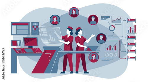 Two dedicated medical professionals in maroon uniforms efficiently monitor patient health metrics and hospital bed availability using an advanced digital control console.