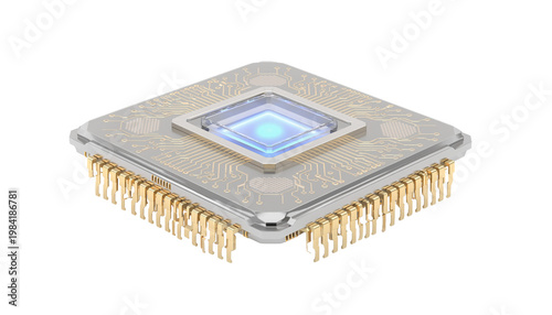 Futuristic AI computer chip with glowing blue core isolated