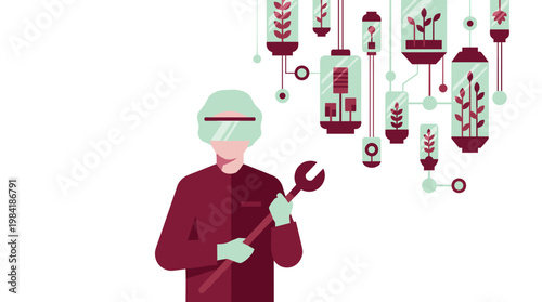 A specialized agricultural engineer in a maroon uniform and protective visor holds a large wrench near several floating glass pods containing botanical plant specimens.