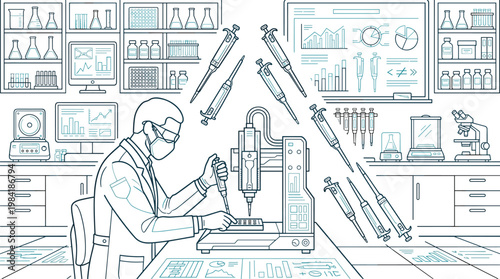 A focused laboratory technician wearing a protective mask performs precise liquid handling tasks surrounded by meticulous line art illustrations of scientific equipment and data.