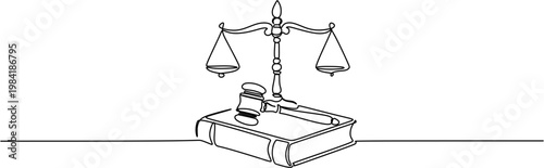 One line drawing of justice scale, gavel, and law book. Lawyer and legal symbol continuous line art illustration.