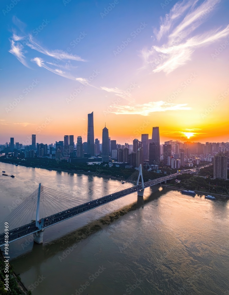 Fototapeta premium A stunning aerial view captures a modern cityscape bathed in the warm hues of a vibrant sunset, with a graceful cable-stayed bridge spanning a wide river.