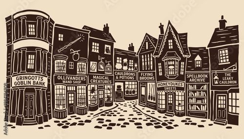 Whimsical Old World Village Street with Fantasy Shopfronts for Creative Branding